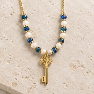 Pearl & Blue Crystal Choker -Victorian Style Antique Skeleton Key Necklace